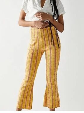Free People Fine Line Pants Size Medium High Rise Stretchy Flare Yellow